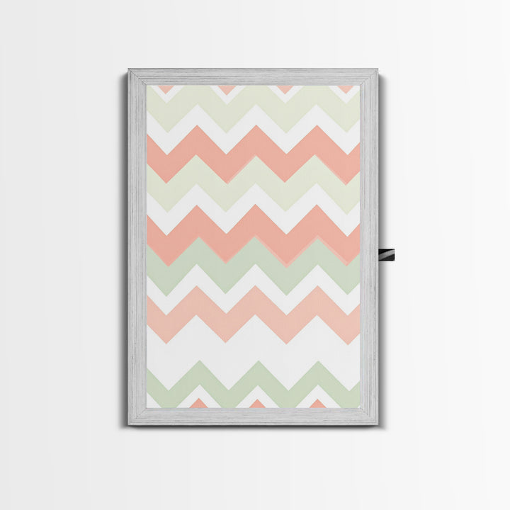 Pink and Mint Green Chevrons, MCM style Mid Century Modern Home Decor, Framed Canvas Print, Whimsical Wall Art