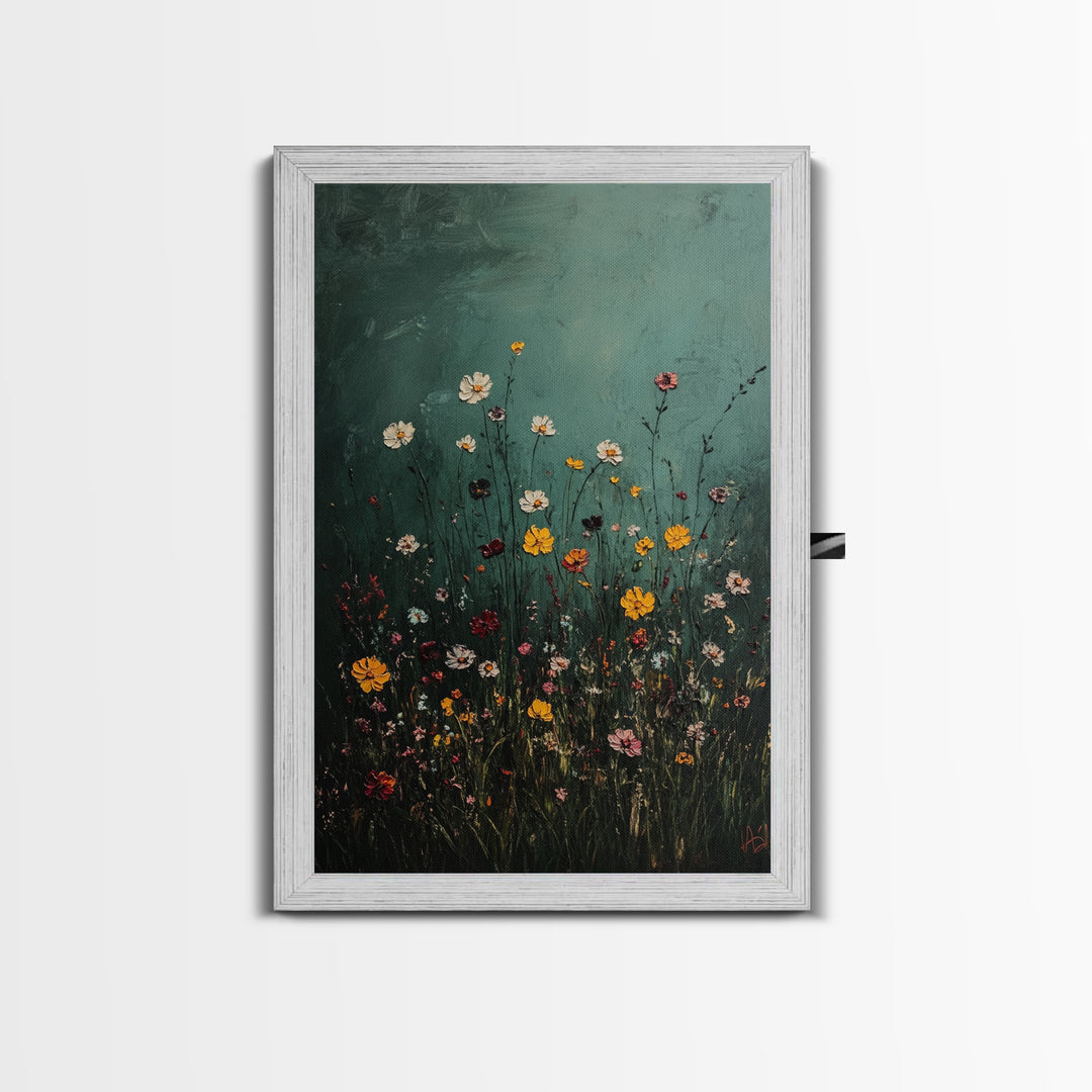 Dark & Moody Wild Flowers Print, Framed Canvas, Boho Decor, Wildflowers in a Rain Storm, Modern Farmhouse, Rustic Decor