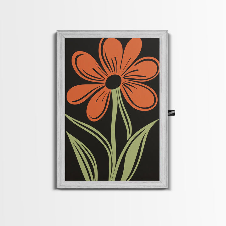 Orange Daisy with Black Background, Framed Canvas Print, Cute Floral Print, Botanical Minimalist Home Decor