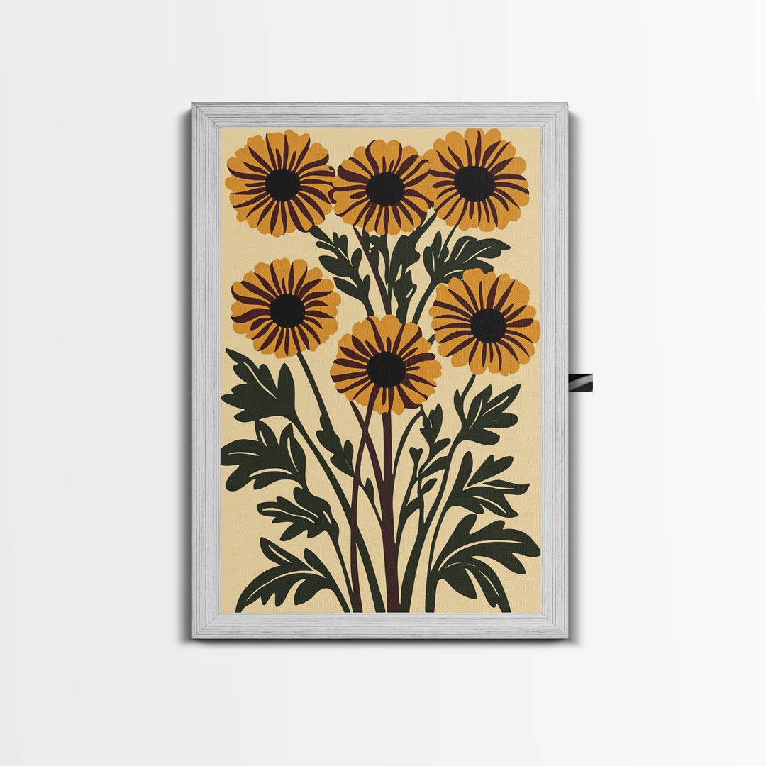 Cute Framed Canvas Wall Art Flower Print, Wild Flowers on Cream Background, Modern Home Decor, Boho Minimalist Wall Art