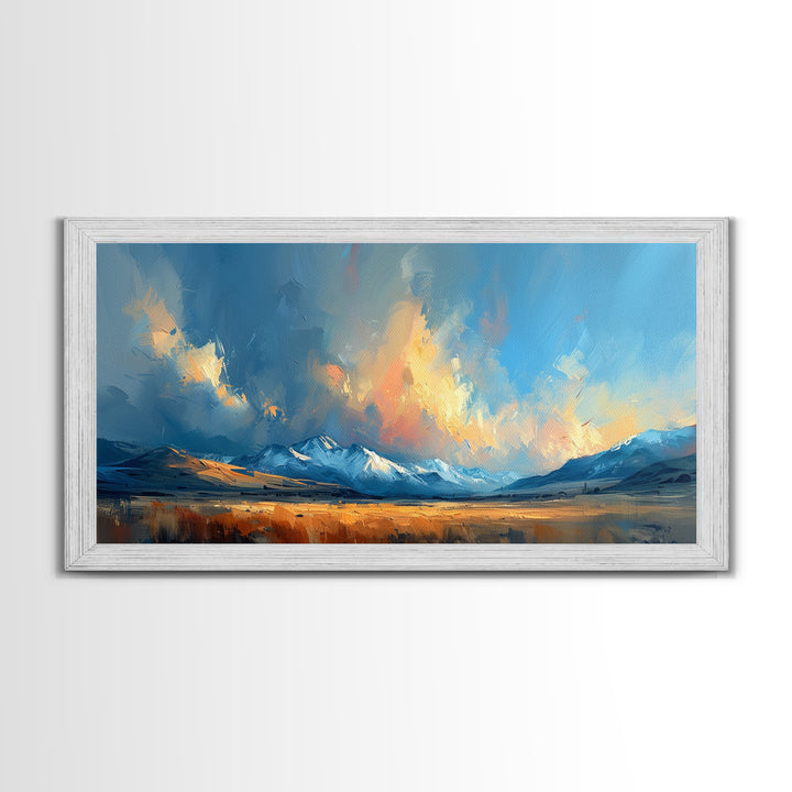 Panoramic Mountain Landscape Painting Print, Oil Painting Of Wyoming Mountains, Antique Style Art Print, Walnut Frame Art