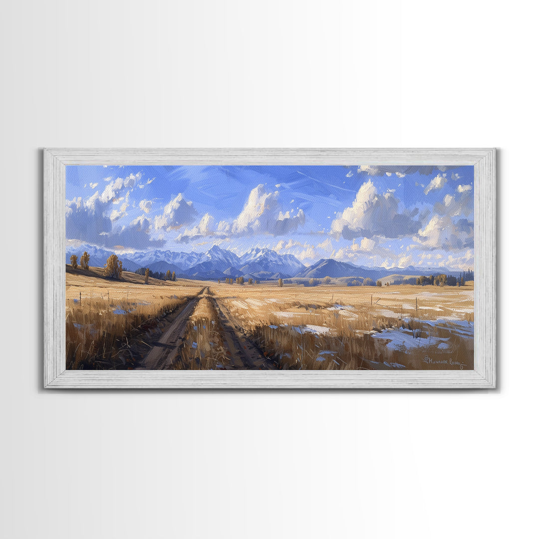 Dirt Roads of Wyoming Framed Canvas Print, Oil Painting Print, Panoramic Extra Wide Large Format Living Room Wall Decor