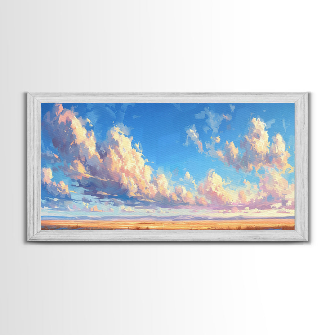 Panoramic Oil Painting Print of A Cloudy Sky Framed Canvas Print, Boho Minimalist Home Decor, Guest Room Wall Art