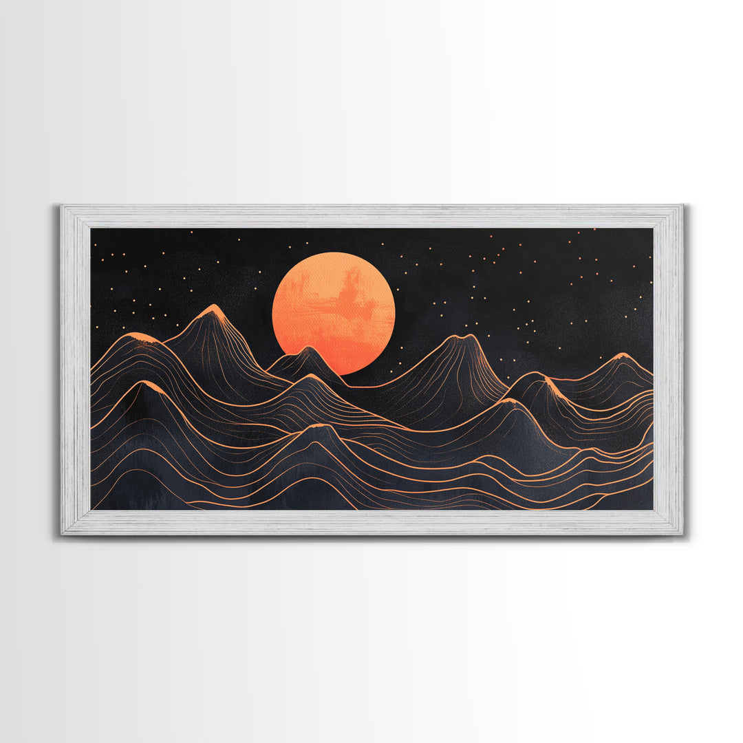 Art Deco Style Abstract Art, Orange Blood Moon Over Mountain Landscape, Retro Home Decor