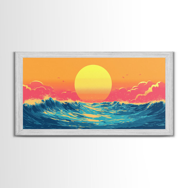 Retro Sunset Over The Ocean, Framed Canvas Print, Beautiful Synthwave Horizontal Wall Art