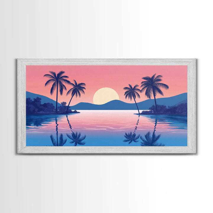 Abstract Vaporwave Sunset Over A Beach Landscape, Framed Canvas Print, Modern Art, Unique Wall Decor, Framed Canvas Art