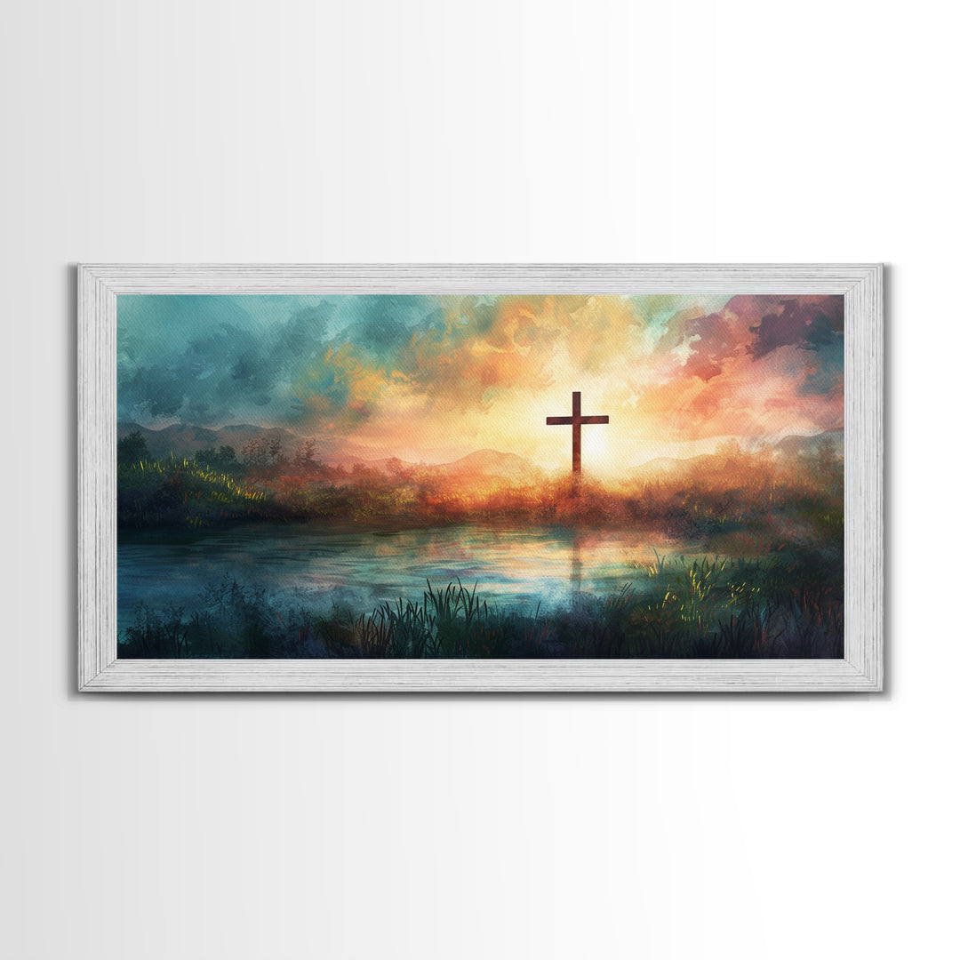 Christian Wall Art Landscape Painting Canvas Print, Beautiful Cross and Sunset, Christianity Home Decor