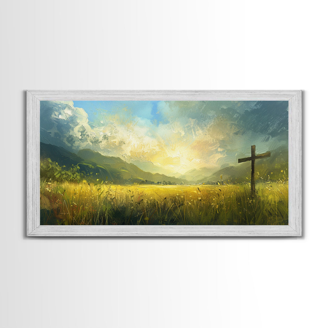 Cross In a Field Of Grass Framed Canvas Print, Christian Wall Art, Landscape Painting, Faith Decor, Cross Painting