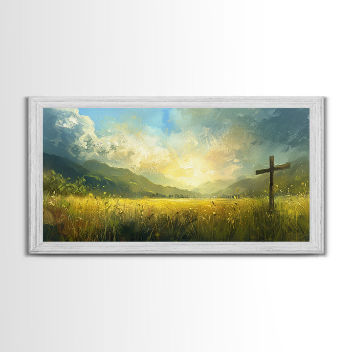 Cross In a Field Of Grass Framed Canvas Print, Christian Wall Art, Landscape Painting, Faith Decor, Cross Painting