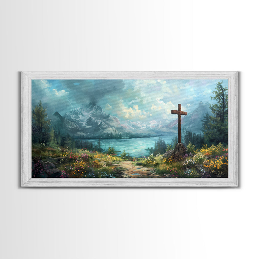 Cross In The Mountains Framed Canvas Print, Christian Faith Wall Art, Beautiful Landscape Painting