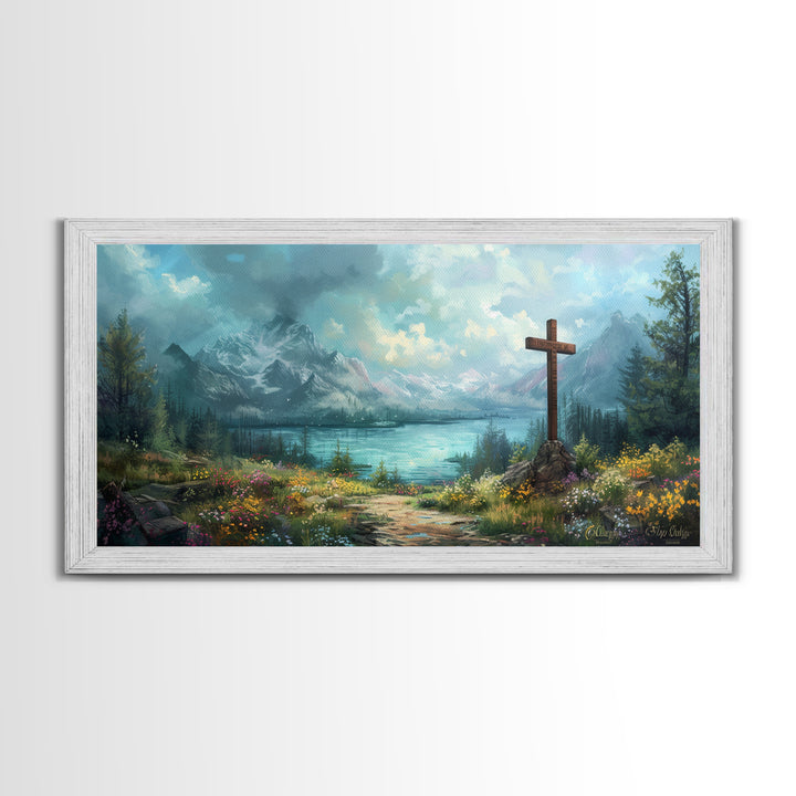 Cross In The Mountains Framed Canvas Print, Christian Faith Wall Art, Beautiful Landscape Painting
