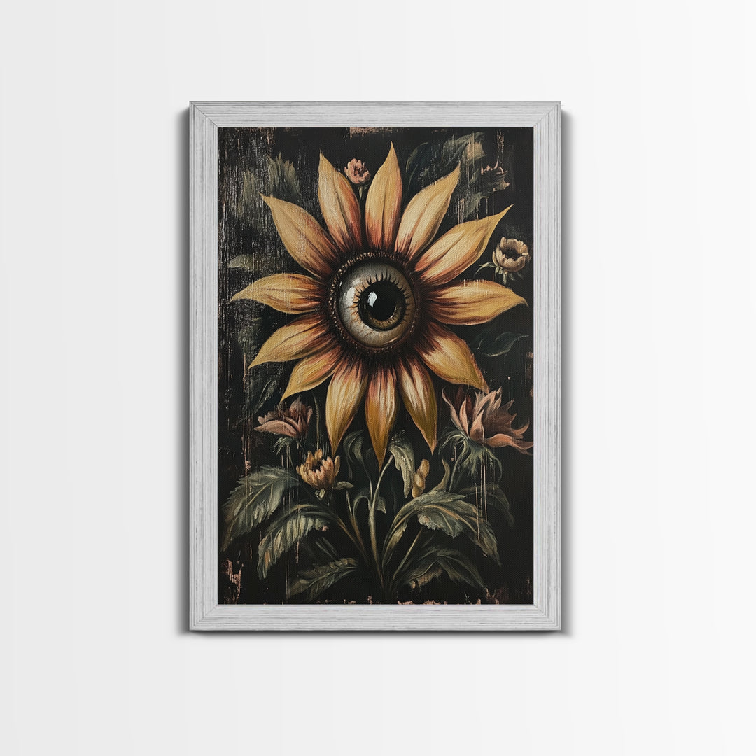 Cyclops Sunflower Framed Canvas Print - Spooky Home Decor - Halloween Wall Art - Dark Academia Macabre Wall Art Goth Botanical Art