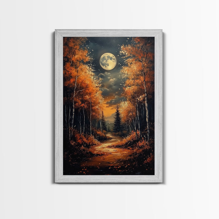 Full Moon Over a Haunted Forest, Framed Canvas Print, Wood Framed Wall Art, Dark Academia Witchy Decor