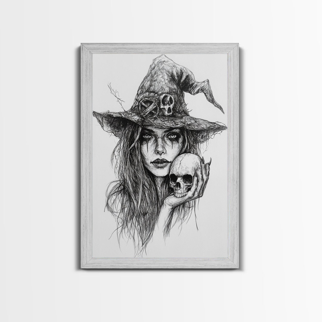 Charcoal Sketch Portrait Of a Witch Canvas Print, Dark Academia Wall Art, Moody Decor, Macabre Home Decor, Witchy Wall Art, Halloween Art