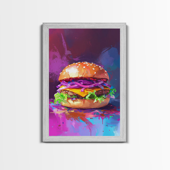 Cheeseburger Oil Painting Canvas Print, Hamburger Wall Art, Kitchen Painting, Kitchen Wall Art, Food Print, Restaurant Decor