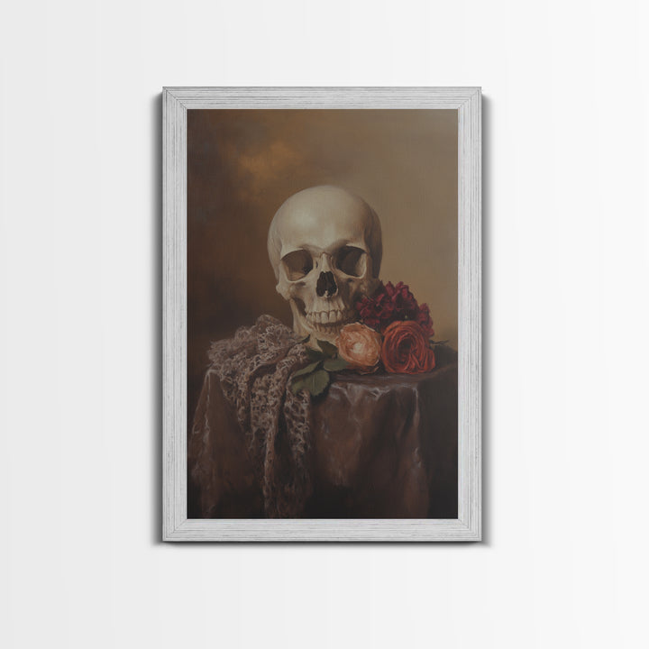 Dark Macabre Wall Art, Framed Canvas Print, Still Life Of a Skull and Roses, Dark Academia Decor, Halloween Art, Halloween Painting, Goth Art