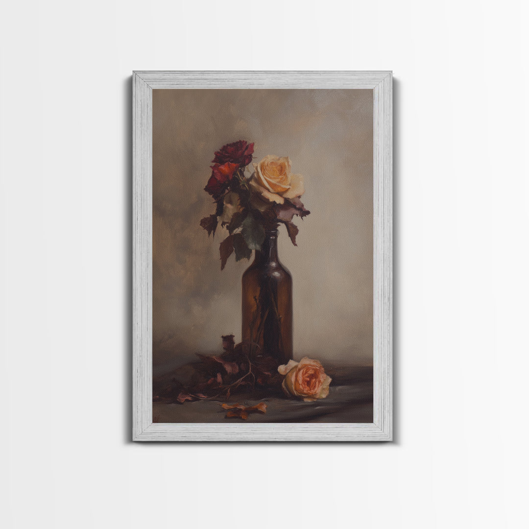 Roses in a Wine Bottle Oil Painting Print, Still Life of Roses, Rose Painting, Rose Art, Moody Decor, Subdued Art