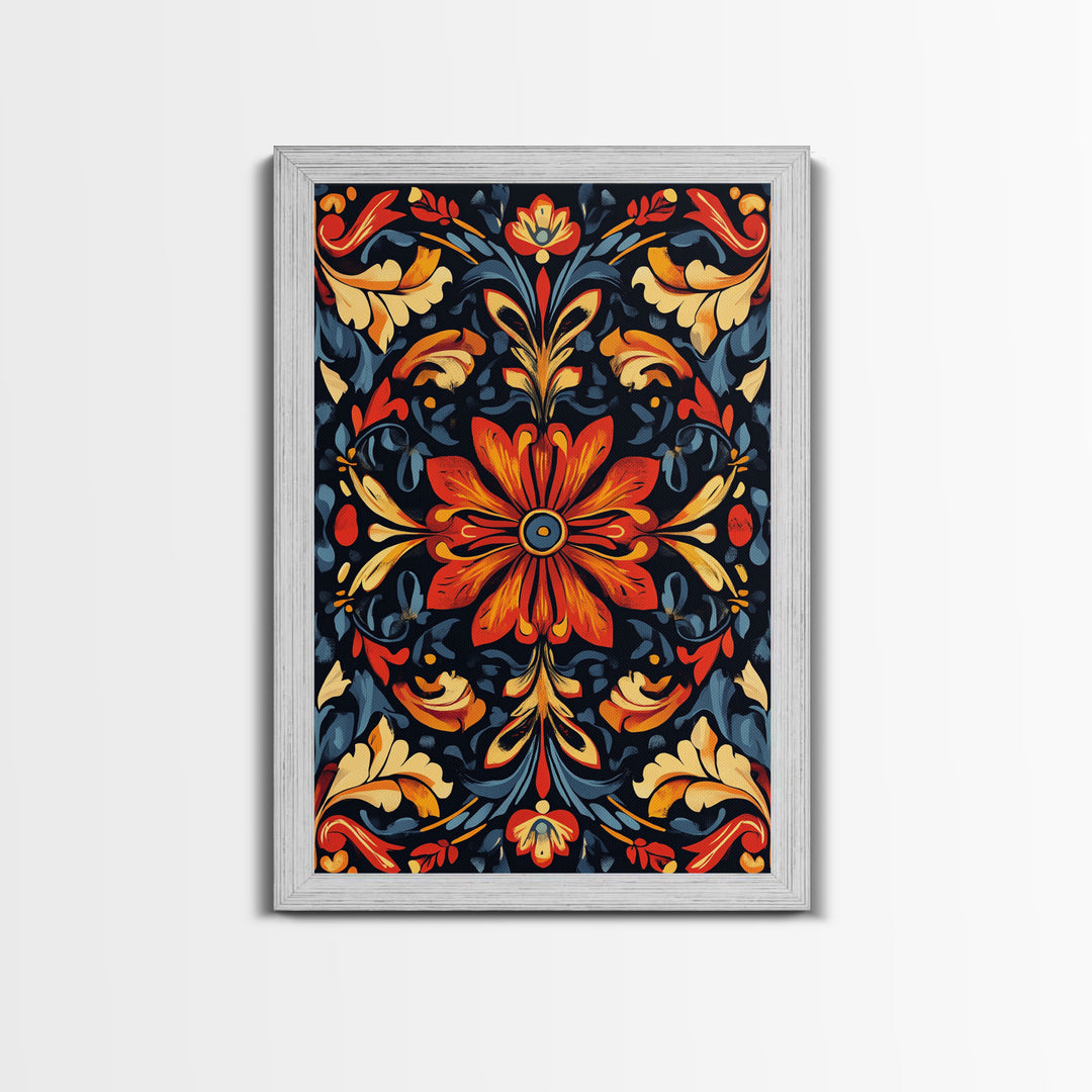 Botanical Floral Tile Pattern Framed Canvas Print, Southwestern Decor, Modern Farmhouse, Pueblo Style Art, Mexicano Chicano Art