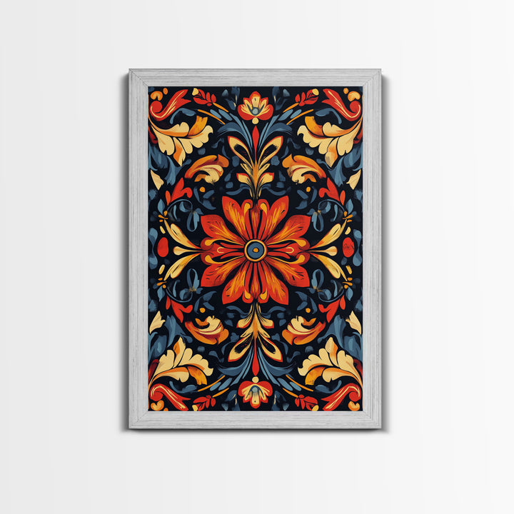 Botanical Floral Tile Pattern Framed Canvas Print, Southwestern Decor, Modern Farmhouse, Pueblo Style Art, Mexicano Chicano Art