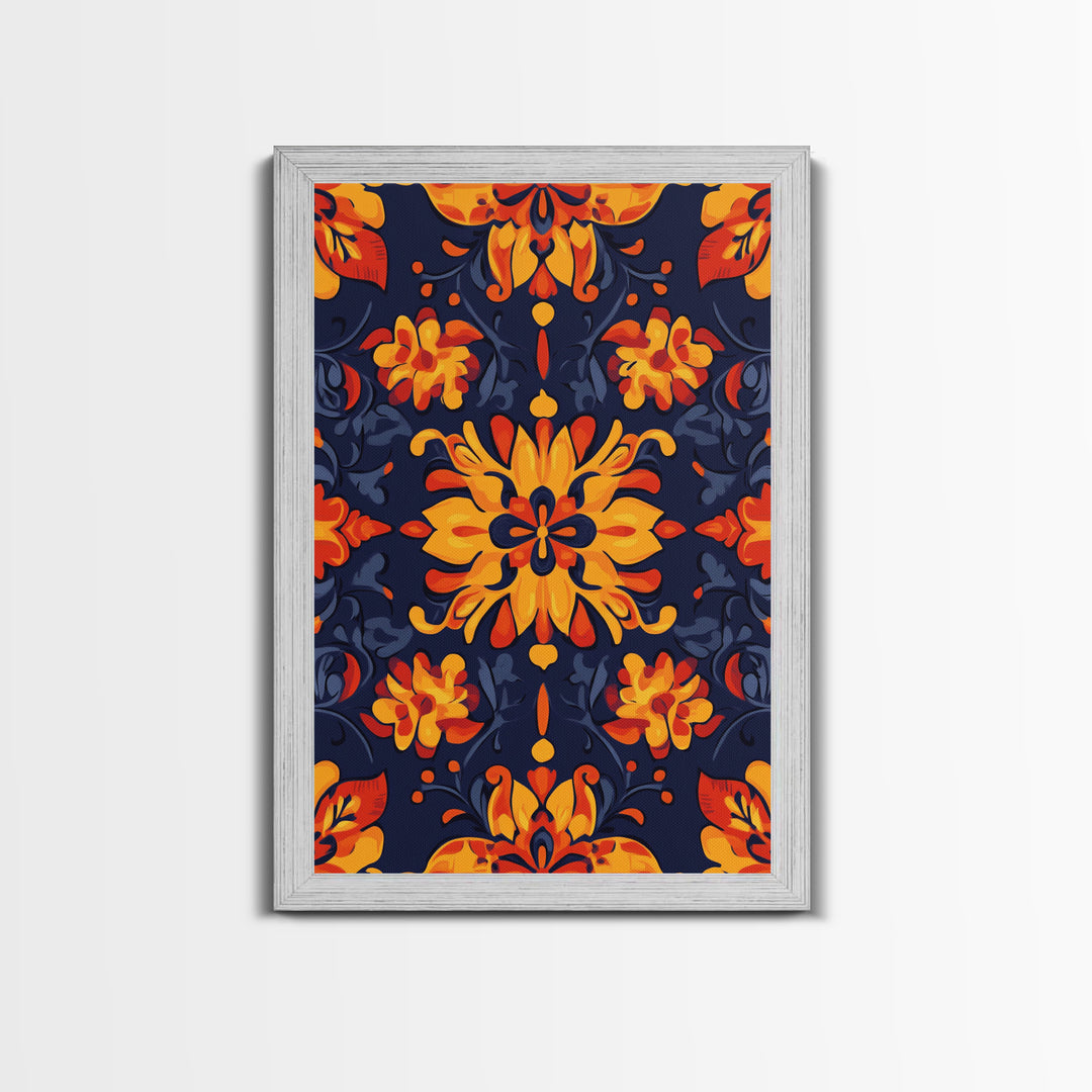 Botanical Pattern Wall Art Framed Canvas Print, Wood Framed Art, Mexicano Art, Mexican Tile Print Wall Art, Chicano Farmhouse Art