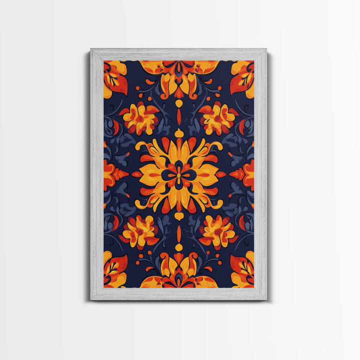 Botanical Pattern Wall Art Framed Canvas Print, Wood Framed Art, Mexicano Art, Mexican Tile Print Wall Art, Chicano Farmhouse Art