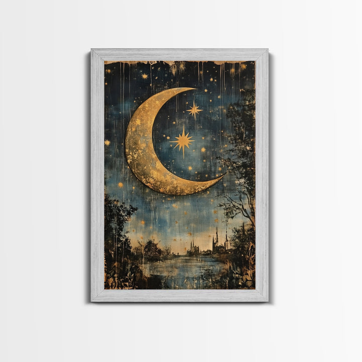 Crescent Moon in Starry Night Sky, Folk Art Framed Canvas Print, Boho Eclectic Decor, Minimalist Witchy Wall Art, Moody Decor