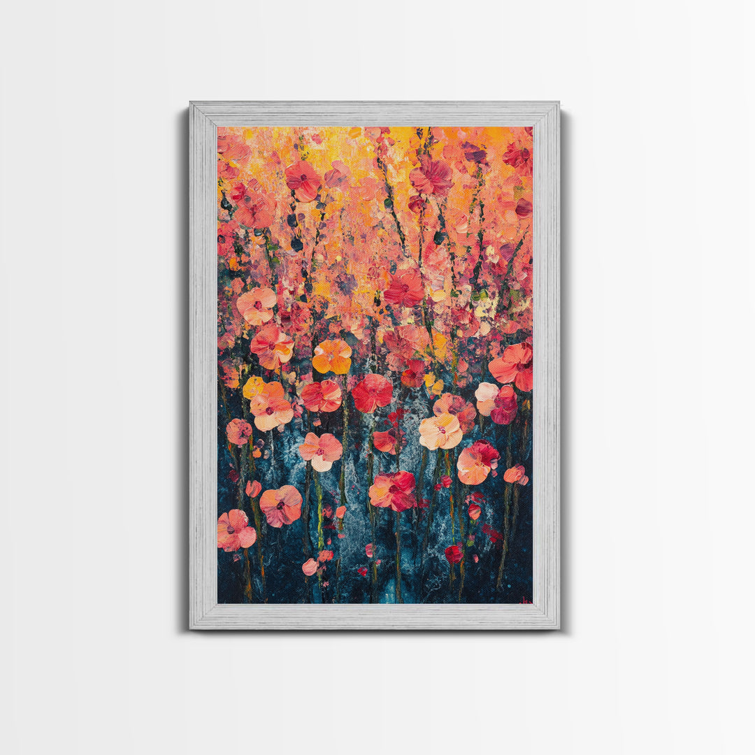 Field of Wildflowers Framed Canvas Print, Wood Framed Wall Art, Wild Flower Painting Print, Wild Flowers In The Spring Wall Art Home Decor