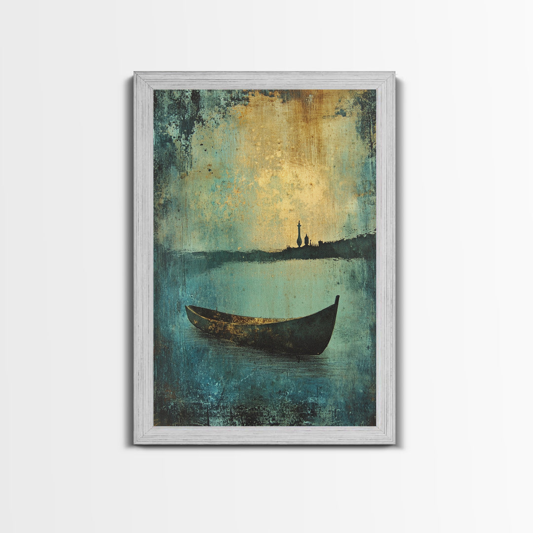 Canoe on the Lake Framed Canvas Print, Nautical Decor, Lakehouse Art, Abstract Lakehouse Painting, Lake Decor