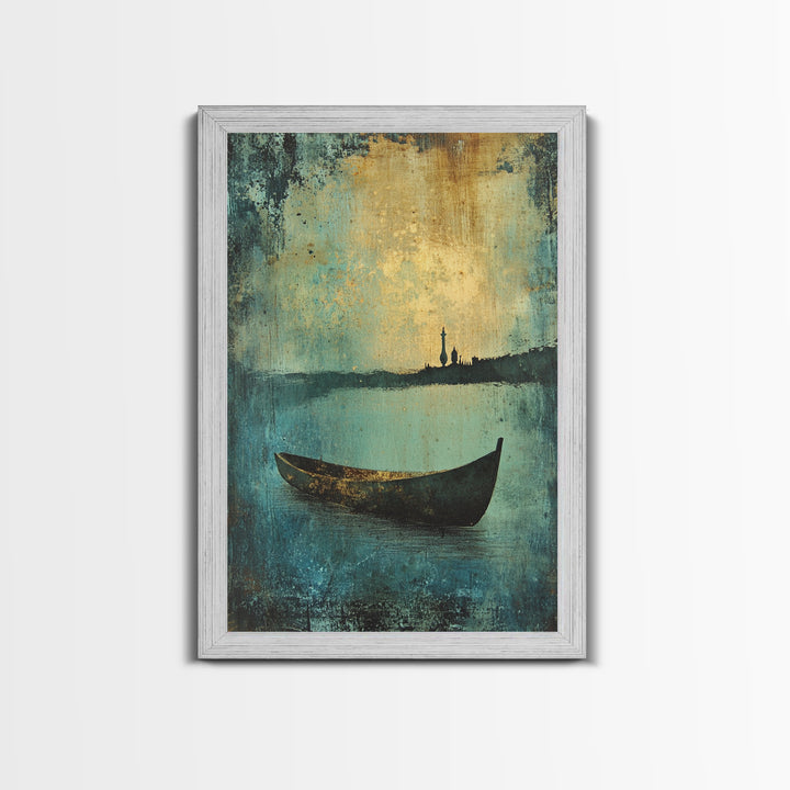 Canoe on the Lake Framed Canvas Print, Nautical Decor, Lakehouse Art, Abstract Lakehouse Painting, Lake Decor