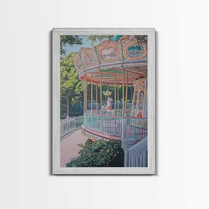 Nursery Decor Framed Canvas Print, Wall Decor for Girl's Room, Carrousel Oil Painting, Oil Painting of a Carrousel