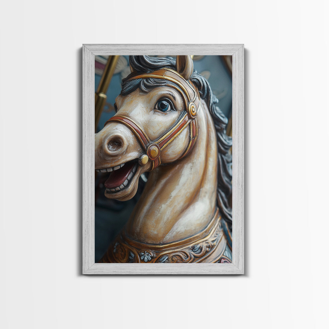 Creepy Carrousel Horse Framed Canvas Print, Nursery Decor, Wood Framed Wall Art Home Decor