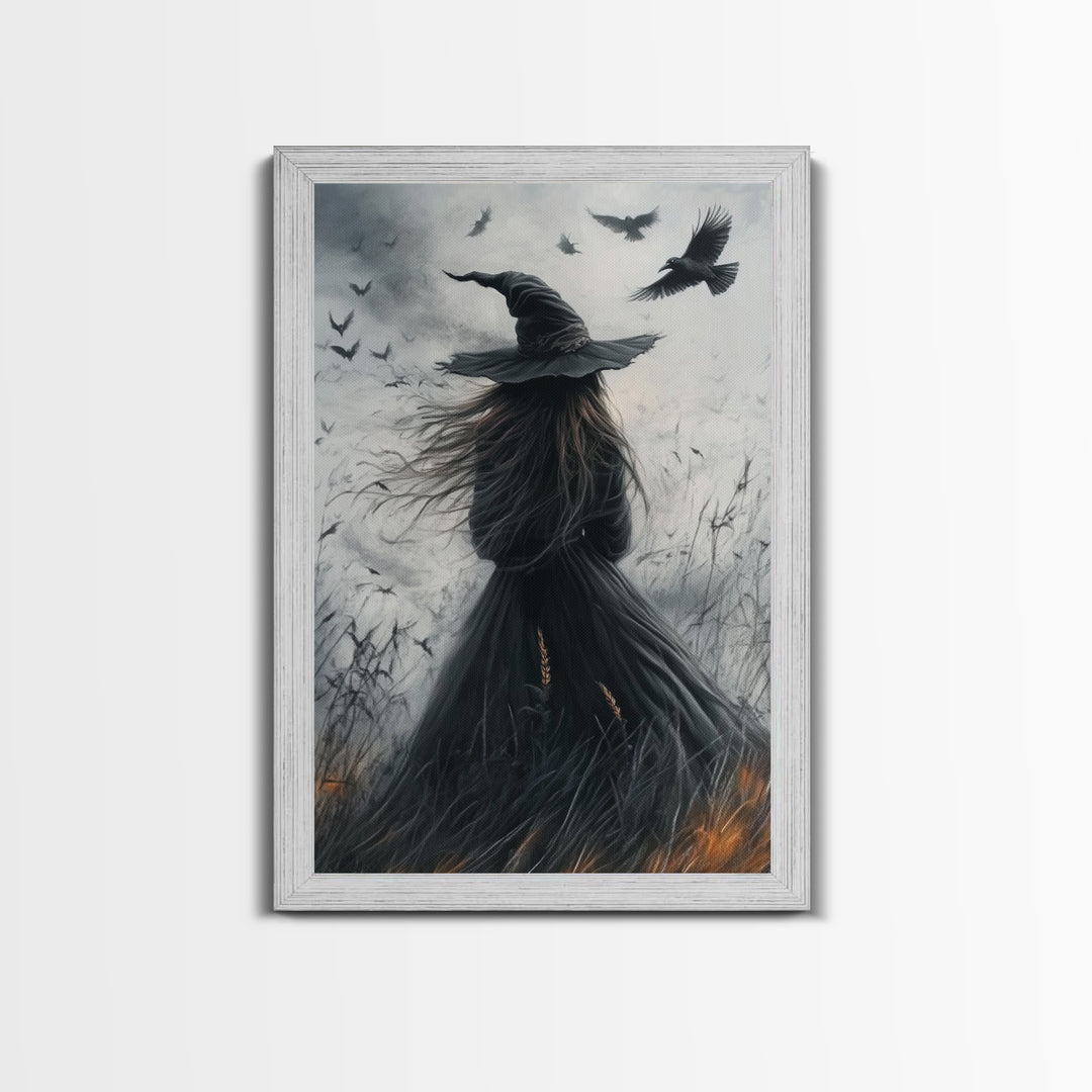 The Witch and her Crows, Framed Canvas print, Spooky Season Halloween Wall Art, Gothic Home Decor, Witch Wall Art, Halloween Art