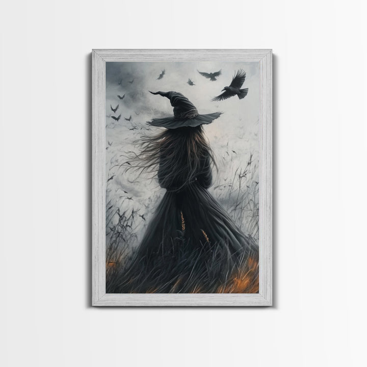 The Witch and her Crows, Framed Canvas print, Spooky Season Halloween Wall Art, Gothic Home Decor, Witch Wall Art, Halloween Art