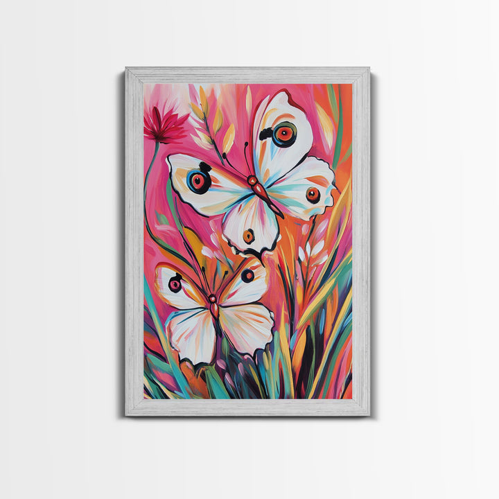 Abstract Painting Print of White Butterflies on Pink Background, Home Decor, Preppty Wall Art, Framed Canvas Print