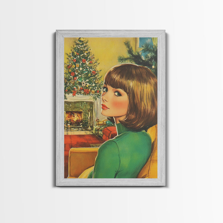 Christmas Postcard Style Art, Home Decor, Christmas Wall Art, Framed Canvas Print, 1950s Christmas Style Wall Art, Christmas Postcard Art