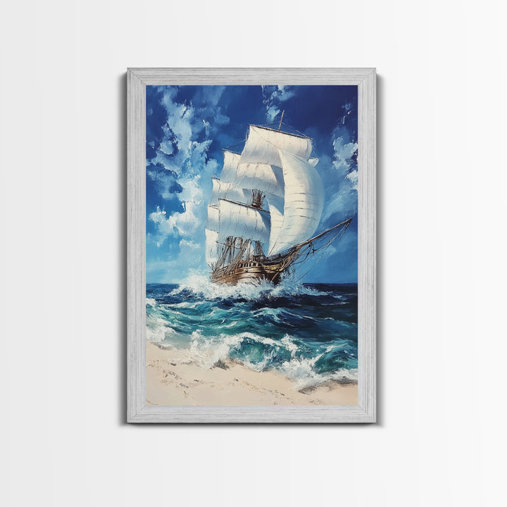 Schooner off the coast of Tripoli, Framed Canvas Print, nautical Decor, Victorian Pirate Art