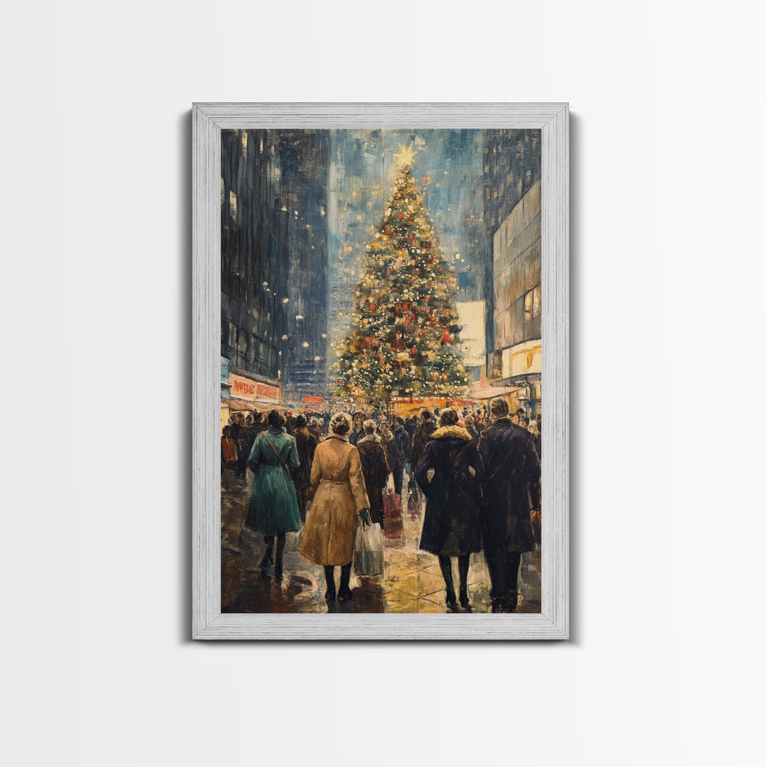 Christmas Village Wall Art Canvas print - Christmas Painting - Christmas Shopeprs in NYC in the 1950s - Christmas Decor - Winter Wall Art