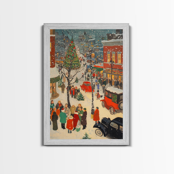 Christmas Village Home Decor - Framed Canvas Print - Retro Christmas Village Painting - Christmas Shoppers Painting - Retro Christmas Decor