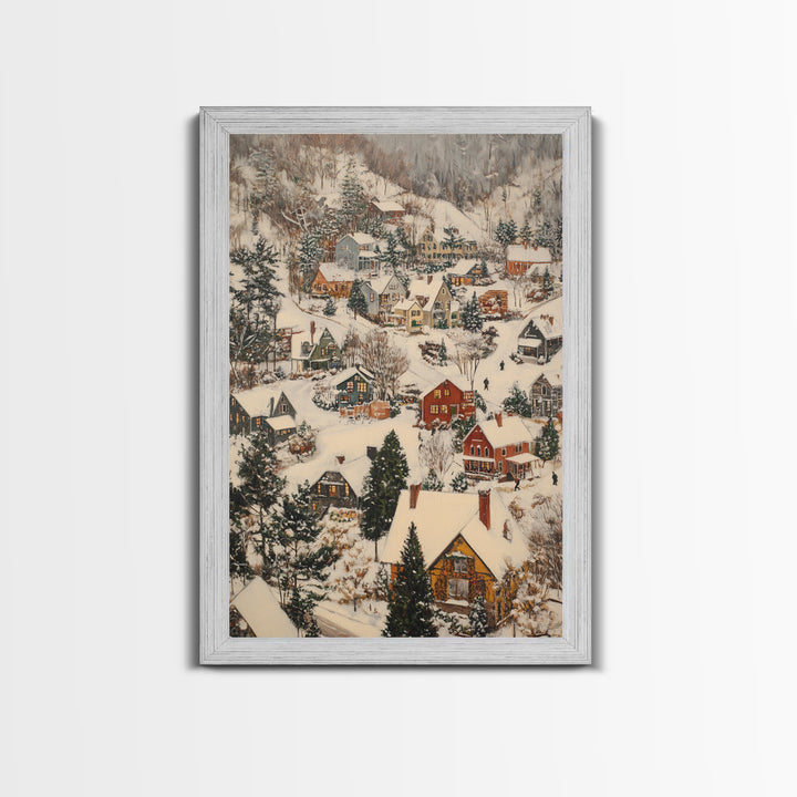 Christmas Village Covered in Snow, Framed Canvas Print, Christmas Oil painting print, Vintage Christmas Art Print, Christmas Wall Art