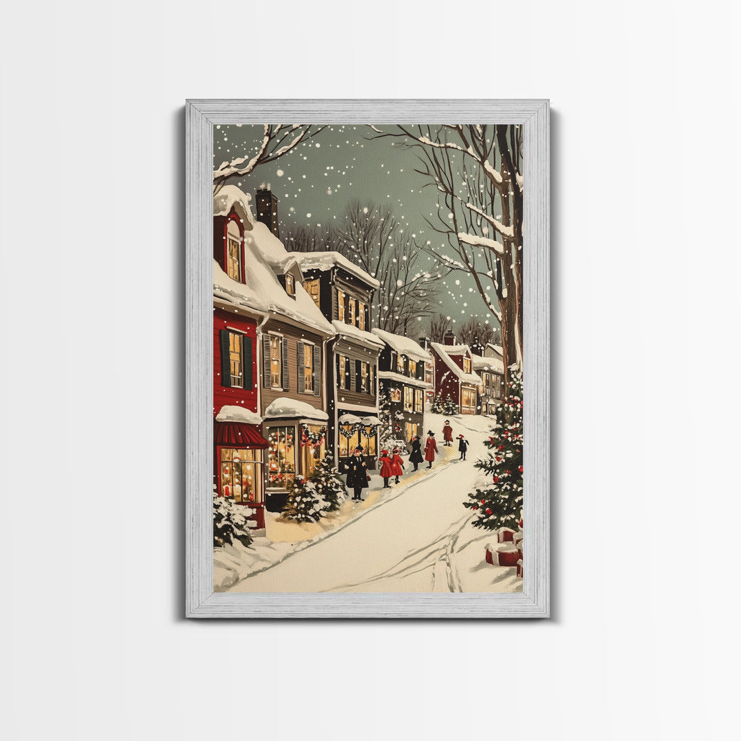 Christmas in Boston Framed Canvas Print, Christmas Village Wall Art, Christmas Prints, Christmas Decor Idea, Christmas Art