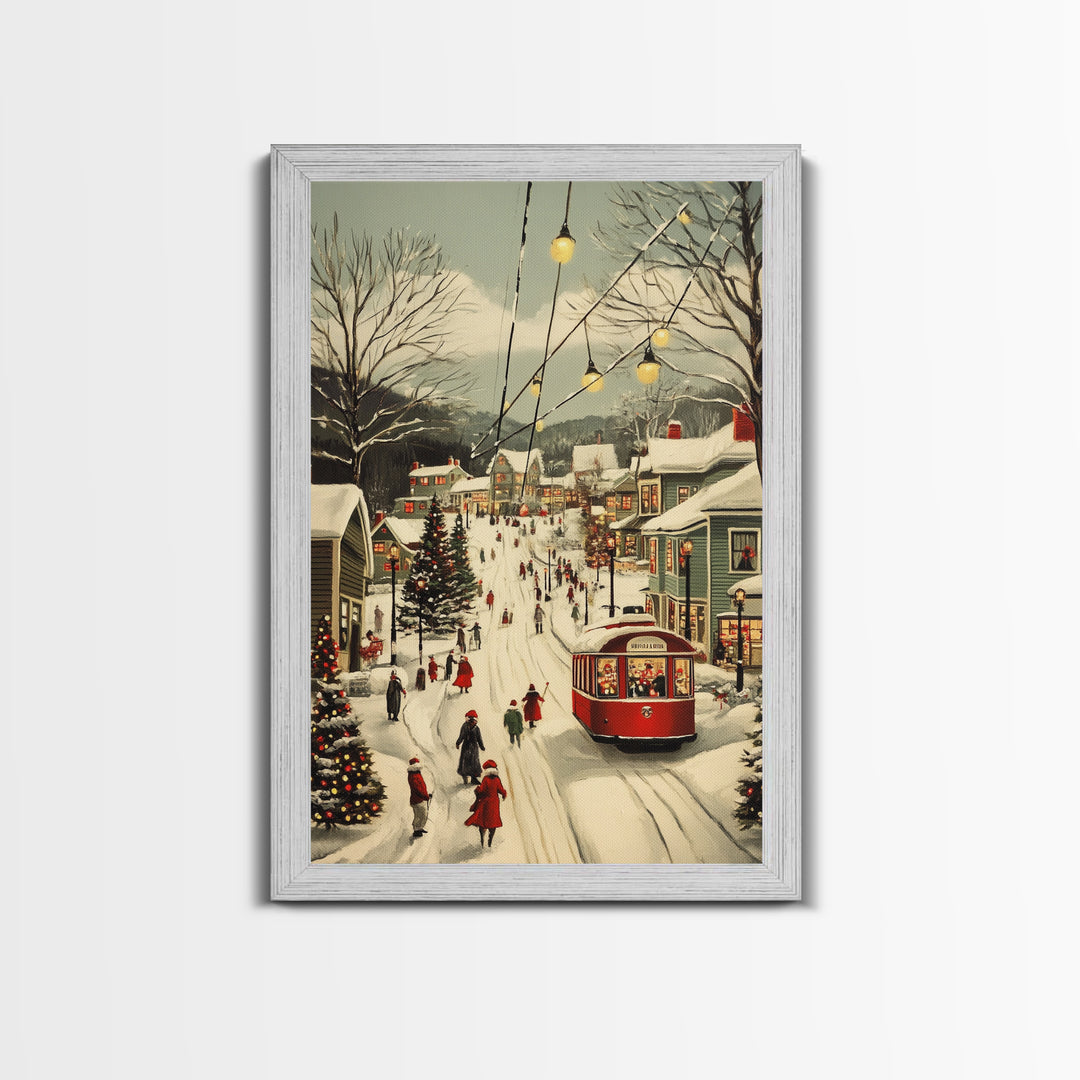 Vintage Christmas Trolley Painting Print, Framed Canvas Art, Christmas Village Wall Art