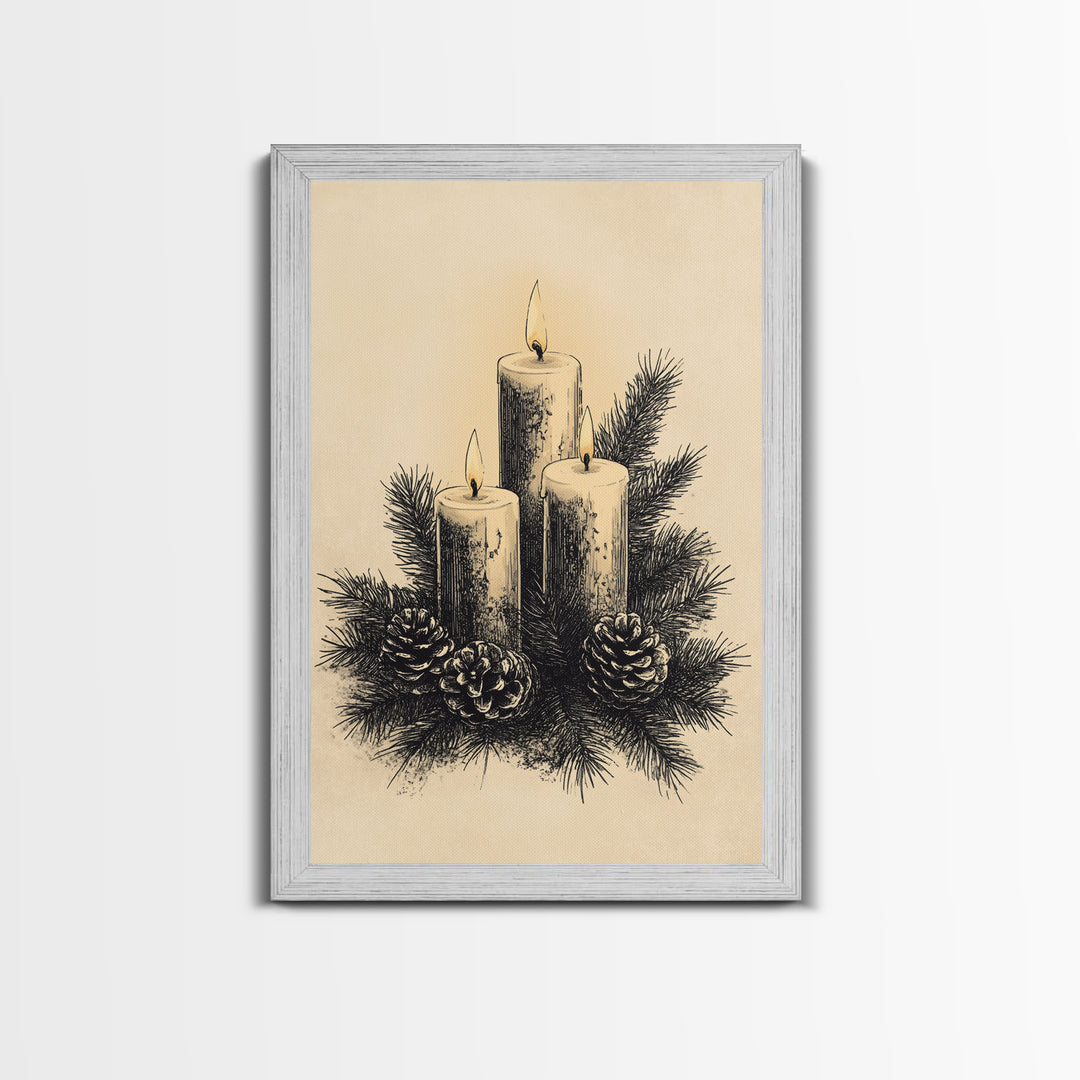 Boho Christmas Candles Canvas Print - Framed Canvas - Minimalist Christmas Art - Boho Christmas Art - Rustic Christmas Art
