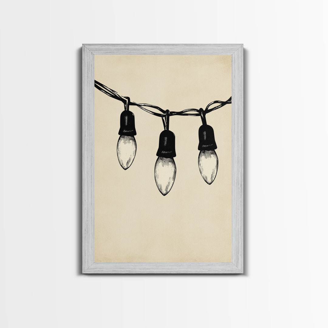 Black and White Sketch of Christmas Lights Canvas Print - Framed Canvas - Minimalist Christmas Art - Boho Christmas Art - Rustic Christmas Art