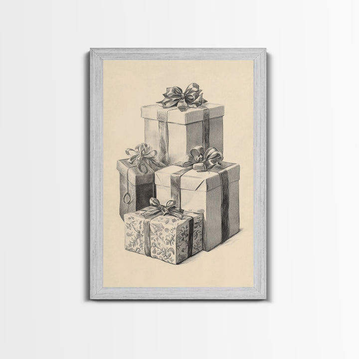 Drawing of Christmas Gifts Canvas Print - Framed Canvas - Minimalist Christmas Art - Boho Christmas Art - Rustic Christmas Art