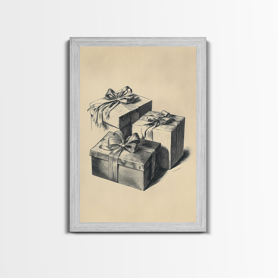 Retro Sketch of Christmas Gifts Canvas Print - Framed Canvas - Minimalist Christmas Art - Boho Christmas Art - Rustic Christmas Art