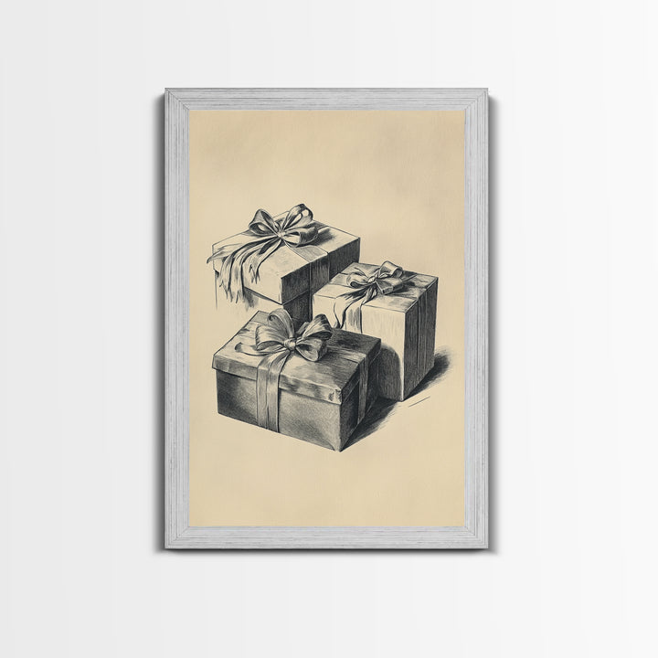 Retro Sketch of Christmas Gifts Canvas Print - Framed Canvas - Minimalist Christmas Art - Boho Christmas Art - Rustic Christmas Art