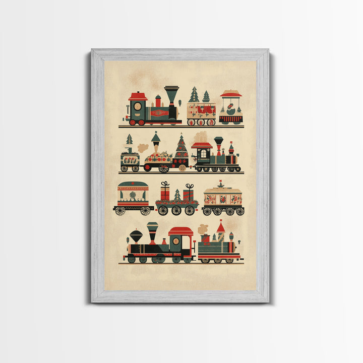 Cute Christmas Trains Canvas Print - Framed Canvas - Minimalist Christmas Art - Boho Christmas Art - Rustic Christmas Art