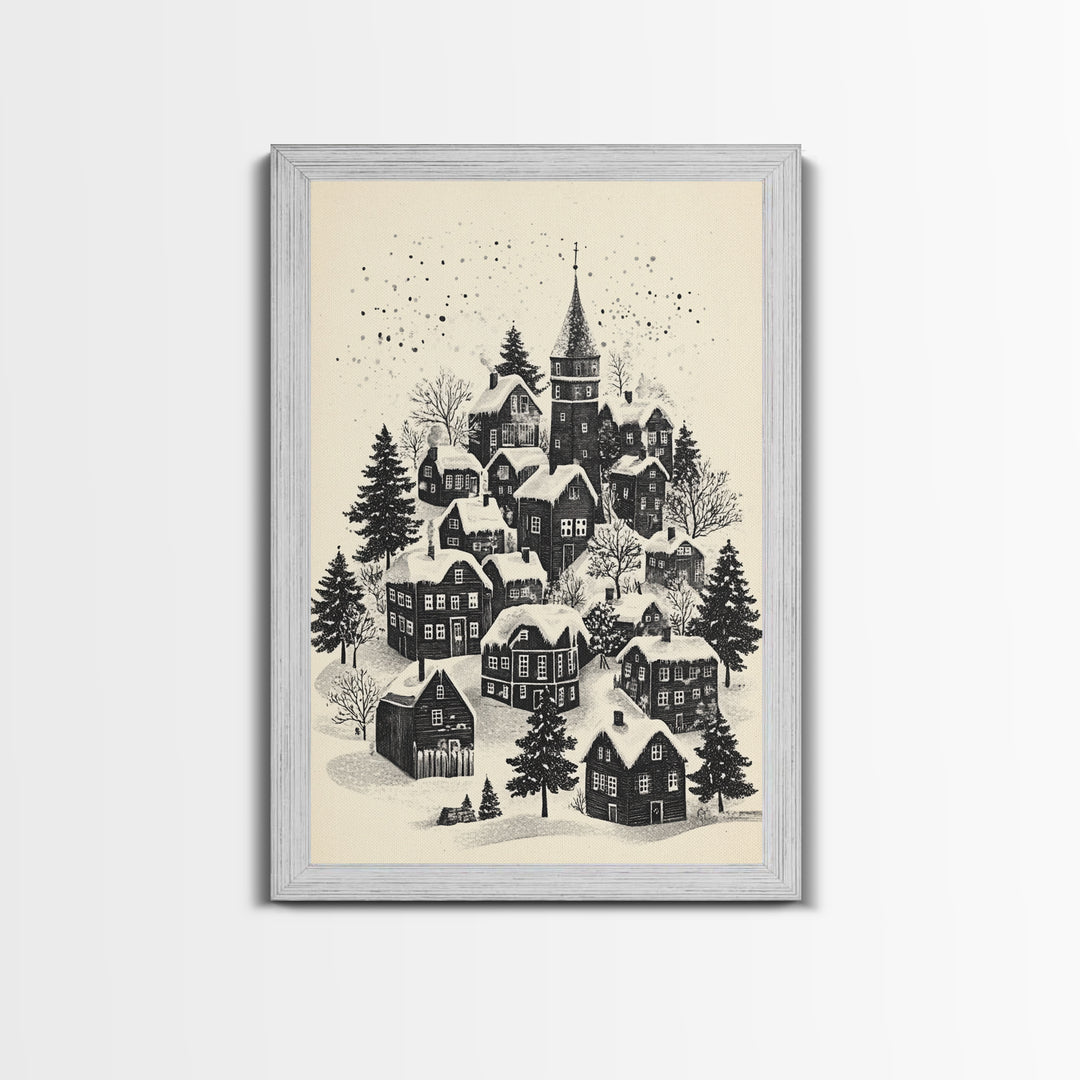 Black and White Sketch of A Christmas Village Canvas Print - Framed Canvas - Minimalist Christmas Art - Boho Christmas Art - Rustic Christmas Art