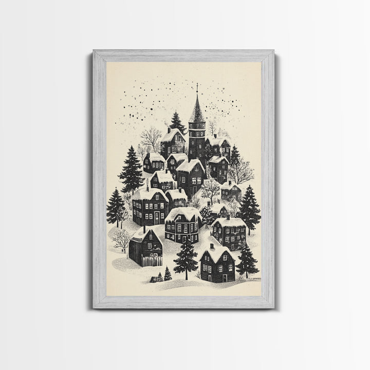 Black and White Sketch of A Christmas Village Canvas Print - Framed Canvas - Minimalist Christmas Art - Boho Christmas Art - Rustic Christmas Art