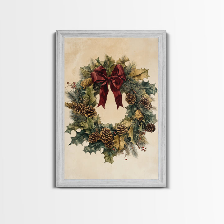 Vintage Christmas Wreath Canvas Print - Framed Canvas - Minimalist Christmas Art - Boho Christmas Art - Rustic Christmas Art